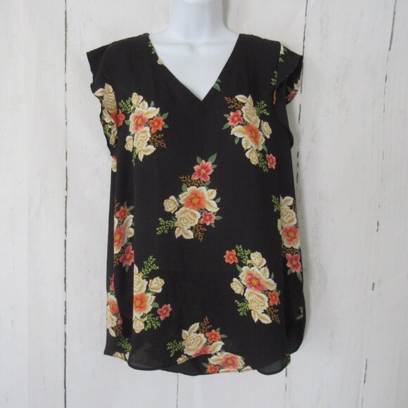LOFT Tops - Ann Taylor Loft Top L Large Black Floral V Neck Cap Sleeve Boho Peasant Cottage